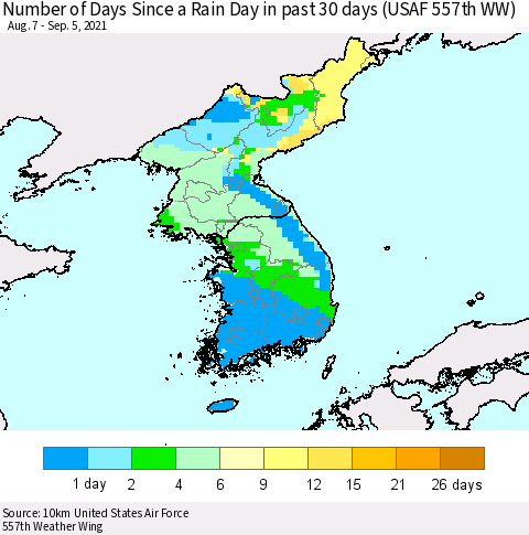 Korea Number of Days Since a Rain Day in past 30 days (USAF 557th WW) Thematic Map For 9/1/2021 - 9/5/2021