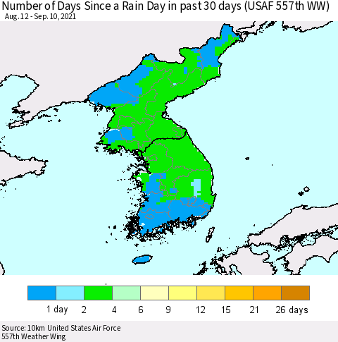 Korea Number of Days Since a Rain Day in past 30 days (USAF 557th WW) Thematic Map For 9/6/2021 - 9/10/2021