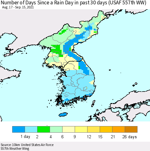 Korea Number of Days Since a Rain Day in past 30 days (USAF 557th WW) Thematic Map For 9/11/2021 - 9/15/2021