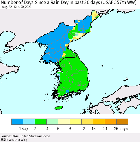 Korea Number of Days Since a Rain Day in past 30 days (USAF 557th WW) Thematic Map For 9/16/2021 - 9/20/2021