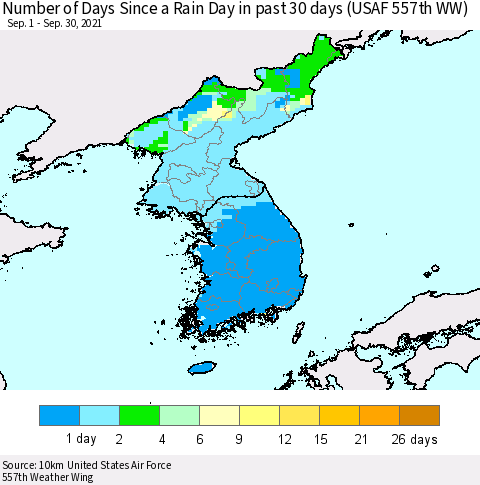 Korea Number of Days Since a Rain Day in past 30 days (USAF 557th WW) Thematic Map For 9/26/2021 - 9/30/2021