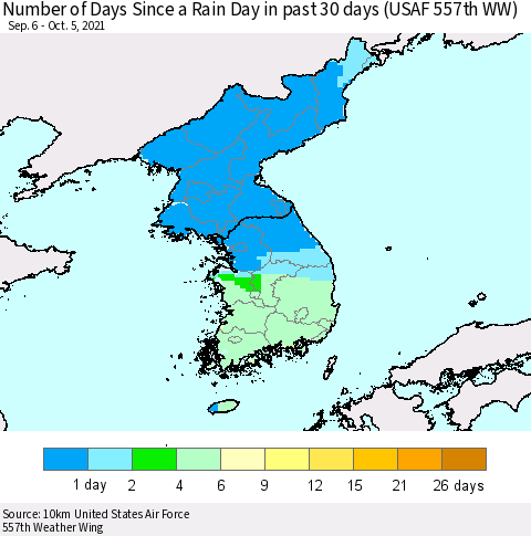 Korea Number of Days Since a Rain Day in past 30 days (USAF 557th WW) Thematic Map For 10/1/2021 - 10/5/2021