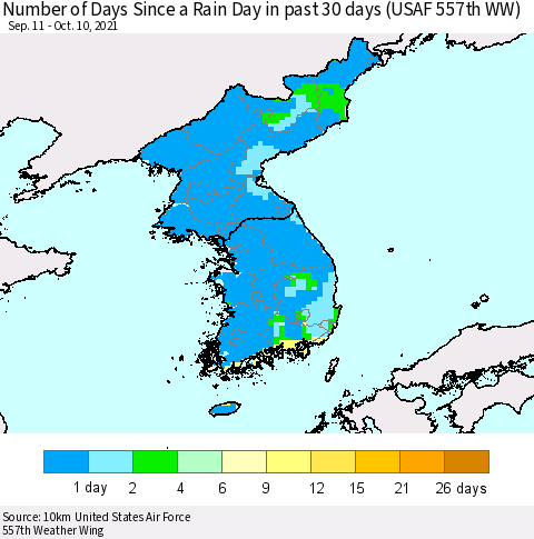 Korea Number of Days Since a Rain Day in past 30 days (USAF 557th WW) Thematic Map For 10/6/2021 - 10/10/2021