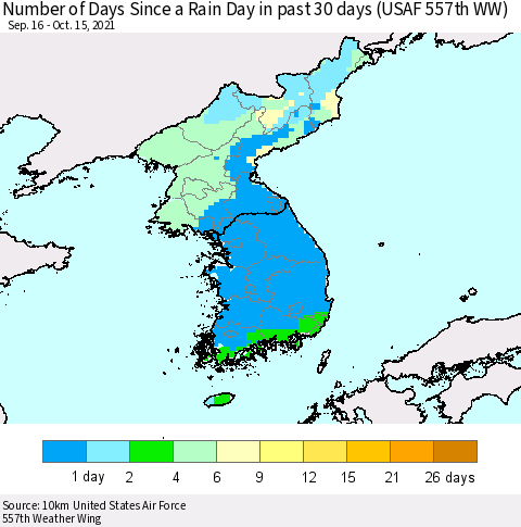 Korea Number of Days Since a Rain Day in past 30 days (USAF 557th WW) Thematic Map For 10/11/2021 - 10/15/2021