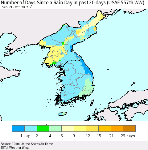 Korea Number of Days Since a Rain Day in past 30 days (USAF 557th WW) Thematic Map For 10/16/2021 - 10/20/2021