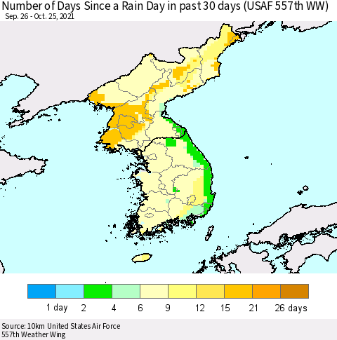 Korea Number of Days Since a Rain Day in past 30 days (USAF 557th WW) Thematic Map For 10/21/2021 - 10/25/2021