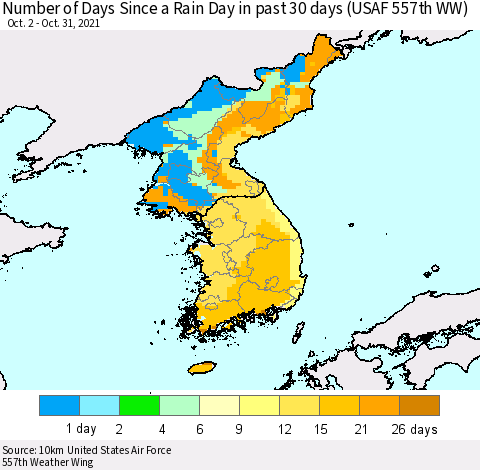 Korea Number of Days Since a Rain Day in past 30 days (USAF 557th WW) Thematic Map For 10/26/2021 - 10/31/2021