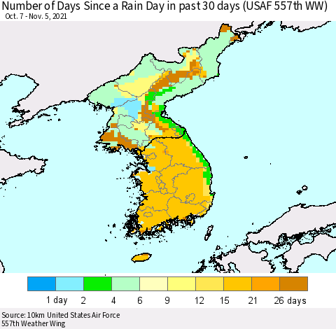 Korea Number of Days Since a Rain Day in past 30 days (USAF 557th WW) Thematic Map For 11/1/2021 - 11/5/2021