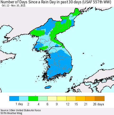 Korea Number of Days Since a Rain Day in past 30 days (USAF 557th WW) Thematic Map For 11/6/2021 - 11/10/2021