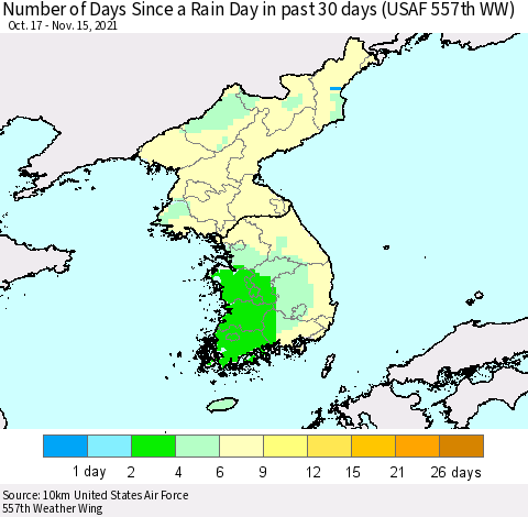 Korea Number of Days Since a Rain Day in past 30 days (USAF 557th WW) Thematic Map For 11/11/2021 - 11/15/2021