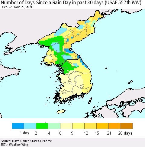 Korea Number of Days Since a Rain Day in past 30 days (USAF 557th WW) Thematic Map For 11/16/2021 - 11/20/2021