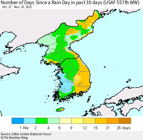 Korea Number of Days Since a Rain Day in past 30 days (USAF 557th WW) Thematic Map For 11/21/2021 - 11/25/2021