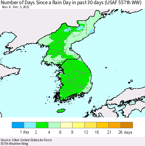 Korea Number of Days Since a Rain Day in past 30 days (USAF 557th WW) Thematic Map For 12/1/2021 - 12/5/2021