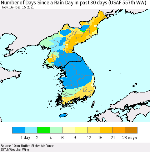 Korea Number of Days Since a Rain Day in past 30 days (USAF 557th WW) Thematic Map For 12/11/2021 - 12/15/2021