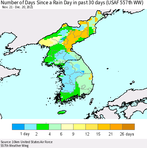 Korea Number of Days Since a Rain Day in past 30 days (USAF 557th WW) Thematic Map For 12/16/2021 - 12/20/2021
