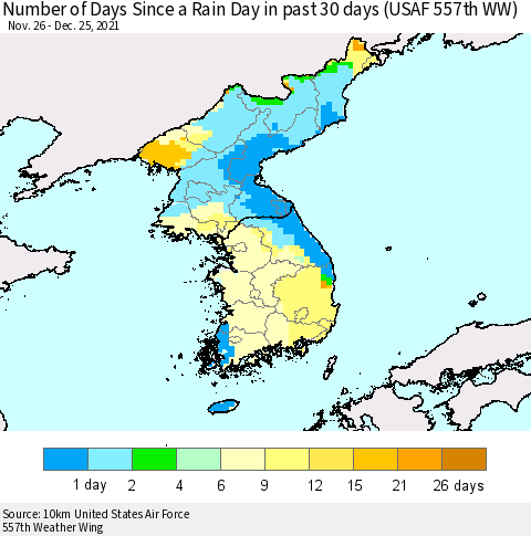 Korea Number of Days Since a Rain Day in past 30 days (USAF 557th WW) Thematic Map For 12/21/2021 - 12/25/2021
