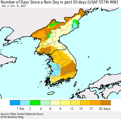 Korea Number of Days Since a Rain Day in past 30 days (USAF 557th WW) Thematic Map For 12/26/2021 - 12/31/2021