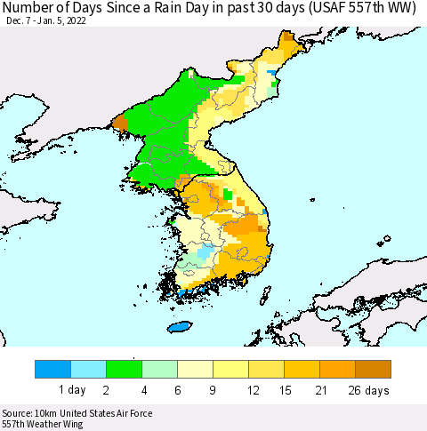 Korea Number of Days Since a Rain Day in past 30 days (USAF 557th WW) Thematic Map For 1/1/2022 - 1/5/2022