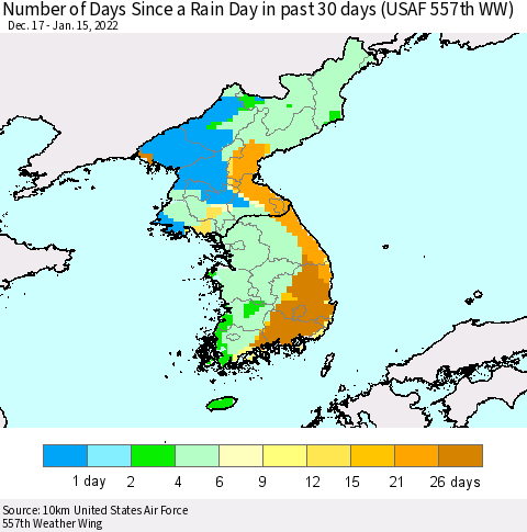 Korea Number of Days Since a Rain Day in past 30 days (USAF 557th WW) Thematic Map For 1/11/2022 - 1/15/2022