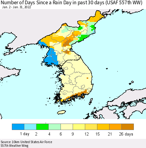 Korea Number of Days Since a Rain Day in past 30 days (USAF 557th WW) Thematic Map For 1/26/2022 - 1/31/2022
