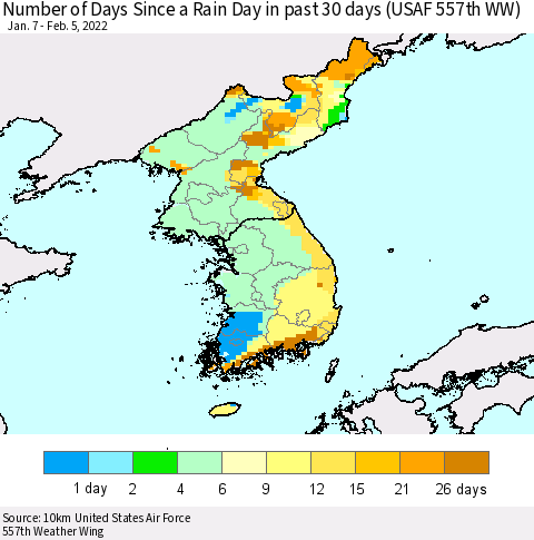 Korea Number of Days Since a Rain Day in past 30 days (USAF 557th WW) Thematic Map For 2/1/2022 - 2/5/2022