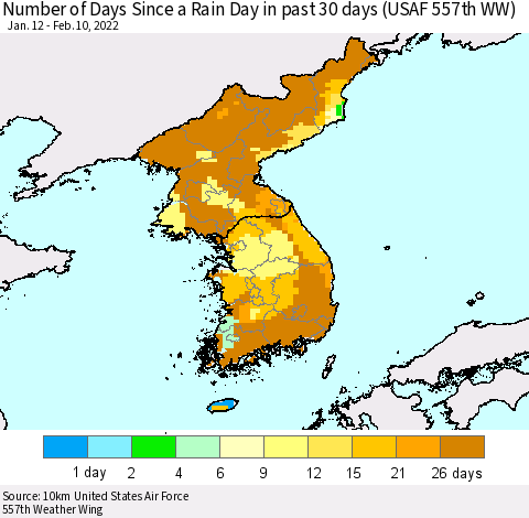 Korea Number of Days Since a Rain Day in past 30 days (USAF 557th WW) Thematic Map For 2/6/2022 - 2/10/2022