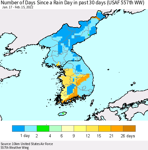 Korea Number of Days Since a Rain Day in past 30 days (USAF 557th WW) Thematic Map For 2/11/2022 - 2/15/2022