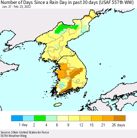 Korea Number of Days Since a Rain Day in past 30 days (USAF 557th WW) Thematic Map For 2/21/2022 - 2/25/2022