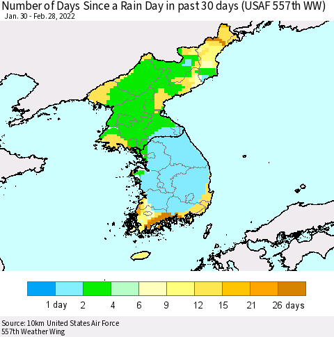 Korea Number of Days Since a Rain Day in past 30 days (USAF 557th WW) Thematic Map For 2/26/2022 - 2/28/2022