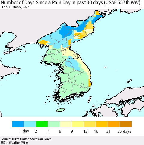Korea Number of Days Since a Rain Day in past 30 days (USAF 557th WW) Thematic Map For 3/1/2022 - 3/5/2022