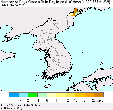Korea Number of Days Since a Rain Day in past 30 days (USAF 557th WW) Thematic Map For 3/6/2022 - 3/10/2022