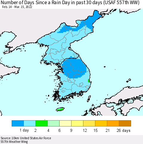 Korea Number of Days Since a Rain Day in past 30 days (USAF 557th WW) Thematic Map For 3/11/2022 - 3/15/2022