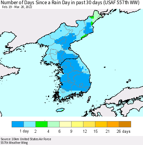 Korea Number of Days Since a Rain Day in past 30 days (USAF 557th WW) Thematic Map For 3/16/2022 - 3/20/2022