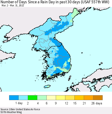 Korea Number of Days Since a Rain Day in past 30 days (USAF 557th WW) Thematic Map For 3/26/2022 - 3/31/2022