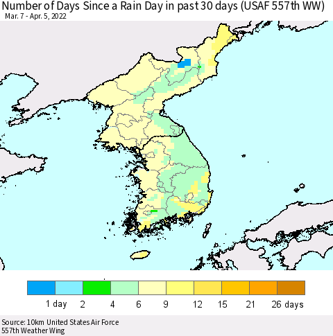 Korea Number of Days Since a Rain Day in past 30 days (USAF 557th WW) Thematic Map For 4/1/2022 - 4/5/2022