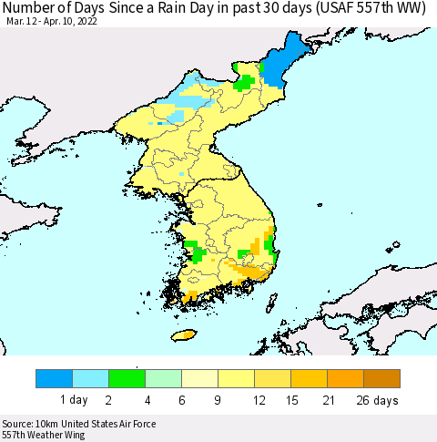 Korea Number of Days Since a Rain Day in past 30 days (USAF 557th WW) Thematic Map For 4/6/2022 - 4/10/2022