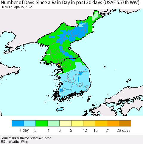 Korea Number of Days Since a Rain Day in past 30 days (USAF 557th WW) Thematic Map For 4/11/2022 - 4/15/2022