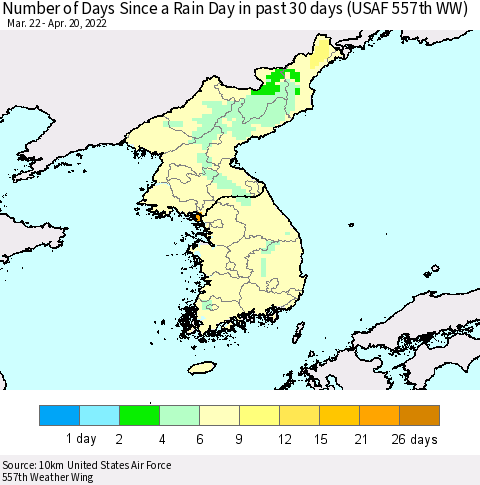 Korea Number of Days Since a Rain Day in past 30 days (USAF 557th WW) Thematic Map For 4/16/2022 - 4/20/2022
