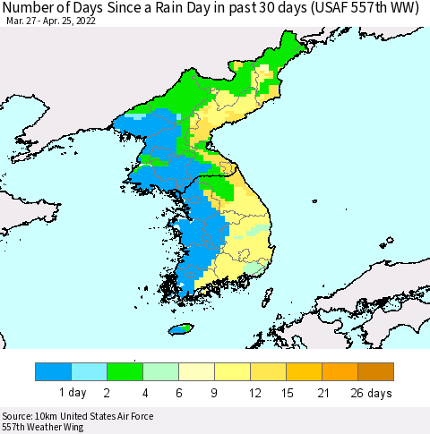 Korea Number of Days Since a Rain Day in past 30 days (USAF 557th WW) Thematic Map For 4/21/2022 - 4/25/2022