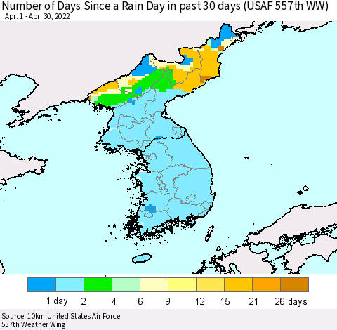 Korea Number of Days Since a Rain Day in past 30 days (USAF 557th WW) Thematic Map For 4/26/2022 - 4/30/2022