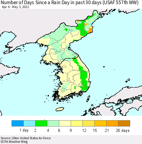 Korea Number of Days Since a Rain Day in past 30 days (USAF 557th WW) Thematic Map For 5/1/2022 - 5/5/2022