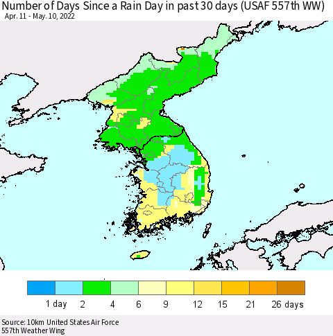 Korea Number of Days Since a Rain Day in past 30 days (USAF 557th WW) Thematic Map For 5/6/2022 - 5/10/2022