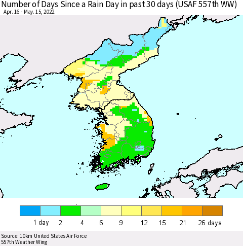 Korea Number of Days Since a Rain Day in past 30 days (USAF 557th WW) Thematic Map For 5/11/2022 - 5/15/2022