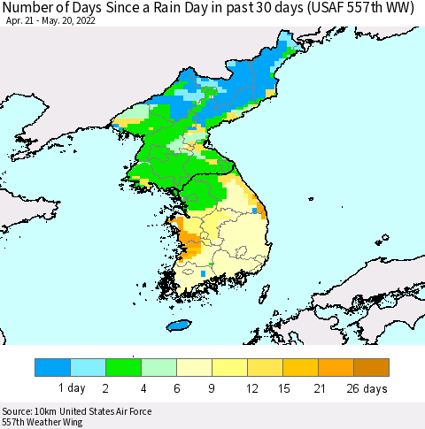 Korea Number of Days Since a Rain Day in past 30 days (USAF 557th WW) Thematic Map For 5/16/2022 - 5/20/2022
