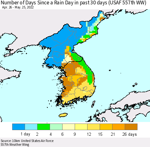 Korea Number of Days Since a Rain Day in past 30 days (USAF 557th WW) Thematic Map For 5/21/2022 - 5/25/2022