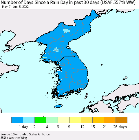 Korea Number of Days Since a Rain Day in past 30 days (USAF 557th WW) Thematic Map For 6/1/2022 - 6/5/2022