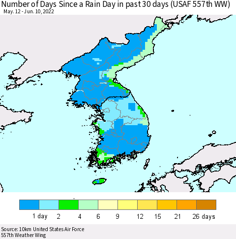 Korea Number of Days Since a Rain Day in past 30 days (USAF 557th WW) Thematic Map For 6/6/2022 - 6/10/2022