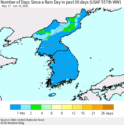 Korea Number of Days Since a Rain Day in past 30 days (USAF 557th WW) Thematic Map For 6/11/2022 - 6/15/2022
