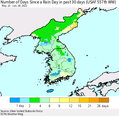 Korea Number of Days Since a Rain Day in past 30 days (USAF 557th WW) Thematic Map For 6/16/2022 - 6/20/2022