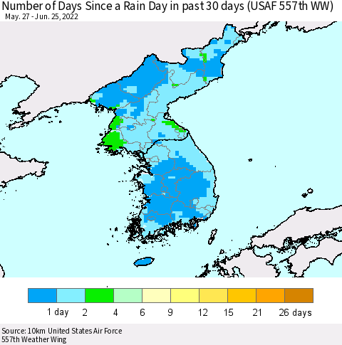 Korea Number of Days Since a Rain Day in past 30 days (USAF 557th WW) Thematic Map For 6/21/2022 - 6/25/2022